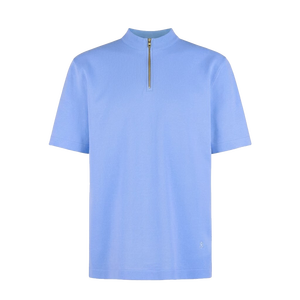 เสื้อยืดแขนสั้นคอตั้งสีฟ้าอ่อนสำหรับผู้ชาย ทรงปกติ สีพื้น สไตล์ลำลอง ผ้าโพลีเอสเตอร์/คอตตอน ยับยาก - Product Image 1