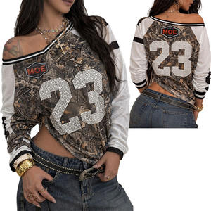 Maillot de football américain personnalisé en jersey court à manches longues avec strass et motif camouflage pour femme, style streetwear oversize en maille, fournisseur OEM en gros - Product Image 1