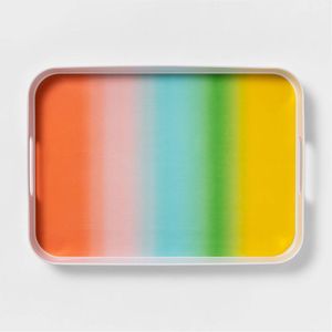 Modern Rainbow Gradient Metal Serving <b>Tray</b> | <b>Large</b> Rectangle Metal Decorative Ottoman <b>Tray</b> with Handles for Coffee & Food - Product Image 1