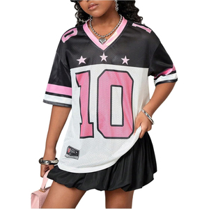 Camiseta de Fútbol Oversize de Malla para Mujer, Cuello en V, Manga Corta, Rosa, Negro, Blanco, Número 10, Estampado de Estrellas, Ajuste Holgado, Estilo Primavera Verano - Product Image 1
