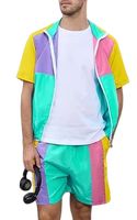 Ensemble de survêtement pour homme à blocs de couleur, manches courtes, fermeture éclair sur le devant, sportif, léger, été, polyester, avec poches latérales