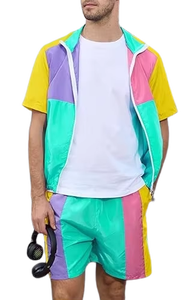 Men's Color Blocking Tracksuit Short Sleeve Zipper Front Sporty Summer Lightweight Polyester Shorts Set with Side <b>Pockets</b> - Product Image 4