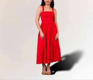 เดรสผ้าฝ้ายสีแดงลดราคาพิเศษ เนื้อผ้านุ่ม ระบายอากาศดี เหมาะสำหรับใส่ลำลองในฤดูร้อน ทรงเอไลน์สวยสง่า มีจำหน่ายในราคาส่งออก - Product Image 2