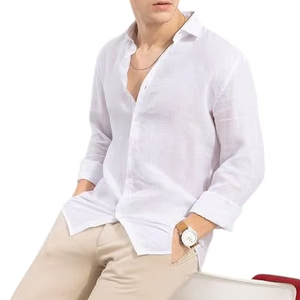 Camisa Casual de Lino Ecológica para Hombre - Blanca, Manga Larga, Cuello Clásico, Estilo Resort de Verano, Un Solo Botón - Product Image 1