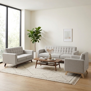 Moderno Conjunto de Sofá para Sala de Estar con Base de Madera de Teca Sólida, Sofá de 3 Plazas, Sillón, Tapizado en Tela Acolchada - Product Image 2
