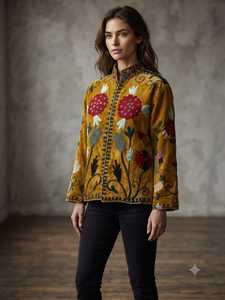 Veste Suzani jaune moutarde, faite à la main, brodée, veste pour femme, broderie indienne vintage Suzani, manteau bohème ethnique tribal - Product Image 2