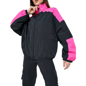 <b>Women</b> Windproof Racer <b>Jacket</b> Full Zip Stand Collar Contrast Color Block Drop Shoulder Long Sleeve Polyester Material <b>Utility</b> - Product Image 1