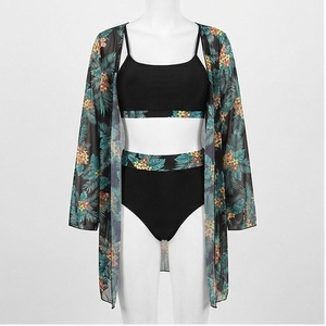 Conjunto de bikini tipo kimono de gasa con estampado floral para mujer, cuello cuadrado, cintura alta, traje de baño de dos piezas con detalle drapeado - Product Image 1