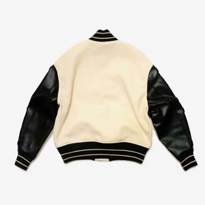 Blouson universitaire pour homme, crème et noir, manches en cuir PU, imprimé squelette, lettre I sur le devant, col rabattable, fermeture boutonnée, style automne - Product Image 2