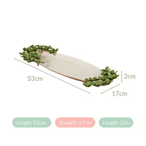 Plateau décoratif ovale texturé blanc fait main avec bordure florale verte pour centre de table de salon moderne et décoration de coiffeuse - Product Image 5