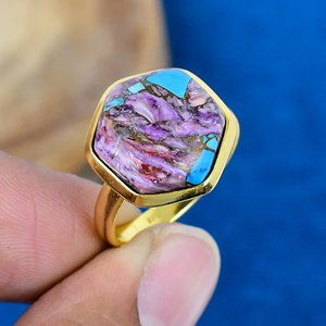 Pierre précieuse naturelle d'huître épineuse violette, faite à la main, plaquée or 18 carats sur argent sterling massif 925 - Product Image 1