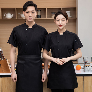 Unisex White Blue <b>Black</b> Cotton Chef Uniforms Short-Sleeved Top Chef Attire Restaurant & Bar Kitchen Work Wholesale Food <b>Aprons</b> - Product Image 3