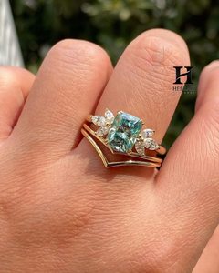 Radiant Cut Cyan Bridal <b>Set</b> 14K <b>Gold</b> Marquise Cluster Engagement <b>Ring</b> with V-Shape Chevron Curved Wedding Band Stackable <b>Set</b> - Product Image 2