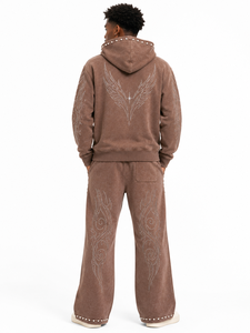 Custom Acid Wash Rhinestone Tracksuit <b>Set</b> Pullover Hoodie Wide Leg Pants Streetwear Style Sparkle Embellished 100% Cotton OEM - Product Image 2