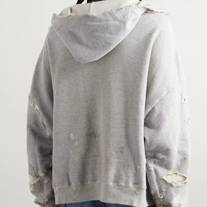 Sweat-shirt à capuche oversize court gris en molleton bouclette unisexe couleur unie avec poches effet délavé style automne - Product Image 5
