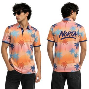Camisetas Polo Deportivas para Hombre, Sublimadas, con Gráfico de Palmeras Naranjas al Atardecer Tropical, Tela de Poliéster y Spandex de 220 GSM, de Alta Resistencia - Product Image 1