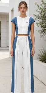 Women Color Block Denim <b>2</b> <b>Piece</b> <b>Set</b> Crop <b>Top</b> Wide Leg Pants - Product Image 5