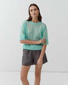 เสื้อไหมพรมสีเขียวมิ้นท์สำหรับผู้หญิง แขน 3/4 คอกลม สไตล์ลำลอง เสื้อคลุมฤดูร้อน น้ำหนักเบา ระบายอากาศได้ดี ผ้าลินิน แขนเสื้อลายดอกไม้ - Product Image 3
