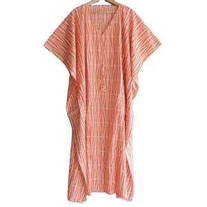 Vestido Kaftán Informal de Algodón para Mujer, Hermoso Estampado a Bloques, Maxi Vestido Largo de Verano para la Playa, Mangas Cortas, Traje de Baño, Estilo Étnico - Product Image 1