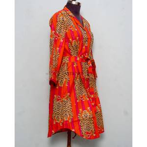 Vintage Sweet Floral Block Printed Cotton Midi Dress Eco-Friendly Tiger Printed Party Long Turn-<b>down</b> Collar Button Shirt - Product Image 5