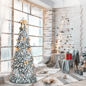 Albero di Natale Artificiale Pre-Illuminato 6 Piedi, Effetto Neve, 100 Luci Calde, Decorazioni Dorate in PVC, Super Realistico per Casa e Ufficio - Product Image 6