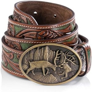 Ceinture en cuir vintage style western avec boucle cerf 3D et motif décoratif pour unisexe, idéale pour tenue décontractée, ceinture de cowboy/cowgirl - Product Image 2