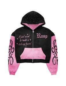 Black Pink Rasp Cropped Zip Hoodie <b>Set</b> | Oversized Distressed Hoodie & Baggy Jeans | Streetwear <b>Matching</b> <b>Set</b> OEM Private Label - Product Image 2