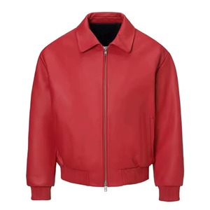 Latest Hot Selling Premium Quality Custom Design Red Real <b>Leather</b> <b>Jacket</b> Streetwear Crew Neck Outdoor <b>Winter</b> Plus Size Men - Product Image 1