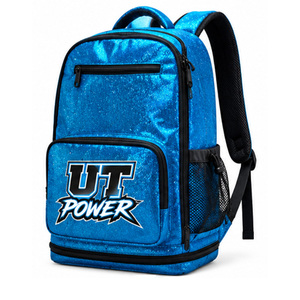 Sac à dos de sport décontracté en polyester bleu métallisé, grande capacité, avec imprimé lettres, poche latérale en maille, fermeture éclair, sac à dos unisexe pour l'école - Product Image 5