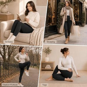 Leggings noirs taille haute pour femmes, coupe ajustée, tricotés en coton et élasthanne, couleur unie, respirants, longueur intégrale, pour l'hiver et le quotidien - Product Image 6