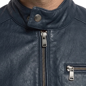 Blouson d'hiver pour homme en cuir véritable, col montant, coupe ajustée, zippé, style streetwear décontracté, pour moto - Product Image 4