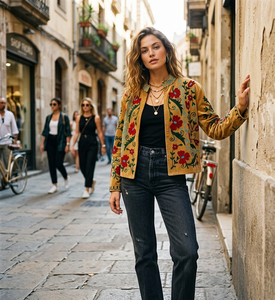 Abrigo Corto de Terciopelo Floral Bordado a Mano para Mujer, Estilo Boho, Cuello Mandarín, Manga Larga, Ropa de Abrigo de Algodón para Primavera, Otoño e Invierno - Product Image 3