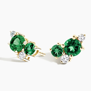 Classic 18K Solid Gold Stud <b>Earrings</b> With Emerald Cut Green Stones <b>And</b> Round Brilliant Cut <b>Diamonds</b> Women Jewelry - Product Image 1