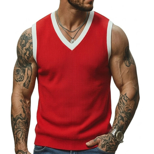 Premium Wholesale Bulk Men's V-Neck Sleeveless Vest Muscle Fit Contrast Ribbed Trim Stylish Casual Streetwear Tank <b>Tops</b> For Men - Product Image 1