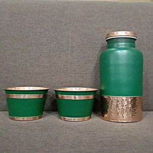 Green Copper Luxury Double Wall Water <b>Bottle</b> & Tumbler Gift Set with Metal Coaster for Home & Office-Indian Home Crafts - Product Image 3