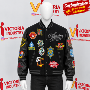 Veste universitaire en laine noire pour homme, manches en cuir véritable, patch brodé en chenille, veste bomber universitaire personnalisée - Product Image 1
