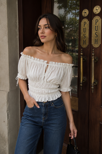 OEM Custom Breathable Ladies Solid White Cotton Smocked <b>off</b> <b>Shoulder</b> Half Sleeve <b>Ruffle</b> Hem Blouse Casual Summer <b>Tops</b> - Product Image 6