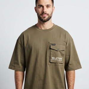 Men's T <b>Shirt</b> Olive Green Utility <b>Pocket</b> Crew Neck Short Sleeve Oversized Fit Casual Streetwear Tshirt Clothes - Product Image 1