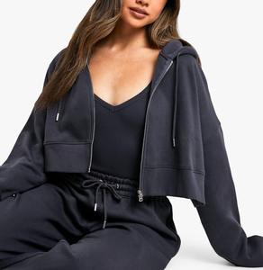 Sudadera con capucha corta personalizada con relieve, estilo streetwear, 400GSM, de felpa francesa, corte holgado, con cremallera, para primavera, al por mayor - Product Image 2