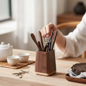 Geometric Black Walnut Pen Holder | Minimalist <b>Solid</b> Wood <b>Desk</b> Organizer | Modern <b>Wooden</b> Pencil Cup | Aesthetic Office Desktop D - Product Image 3