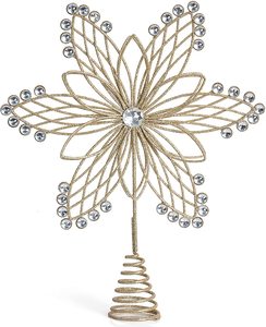 Adorno de copo de nieve de alambre dorado para árbol de Navidad, estrella brillante con cuentas de cristal y base en espiral - Product Image 1