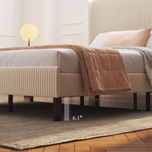 Letto matrimoniale con piattaforma e stazione di ricarica, struttura in metallo, imbottito beige, nessuna rete a molle necessaria, facile da montare e silenzioso - Product Image 6