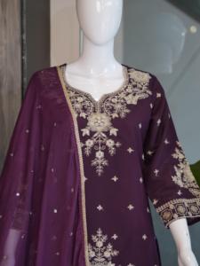 Purple Embroidered Salwar Kameez Set <b>Reversible</b> Stretch Wrinkle Free Wedding Diwali Party <b>Dress</b> with Dupatta - Product Image 5