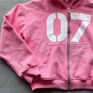 <b>Pink</b> Unisex Hooded Zipper Sweatshirt Screen Print Fleece Casual Autumn Wear Regular <b>Hoodie</b> - Product Image 5