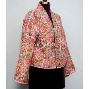 Veste indienne de luxe faite à la main Kantha pour femme, col en V, manches longues, fermeture à cordon, motif floral, 100% coton, veste de printemps - Product Image 3