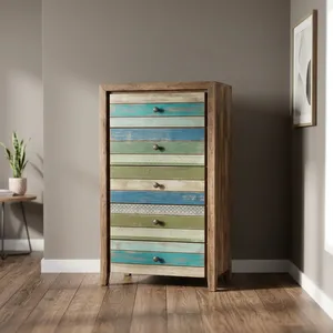 Meuble de salon contemporain en bois, armoire haute avec 5 tiroirs et organisateur multi-portes - Product Image 2