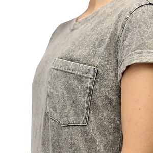 T-shirt en coton gris délavé à manches courtes, col rond, coupe ajustée, motif tricoté respirant sur le devant, motif lettres, pour femme - Product Image 4