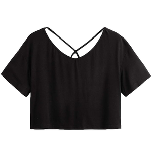 <b>Women's</b> <b>Black</b> Solid Woven Cross Strap <b>Crop</b> T-Shirt Loose Fit Short Sleeve O-Neck Casual Summer <b>Top</b> - Product Image 3