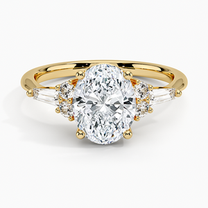 Anillo de Compromiso Solitario con Moissanita de Corte Ovalado, Chapado en Oro de 14K, Anillo Nupcial de Tres Piedras con Piedras Laterales Baguette para Boda - Product Image 1