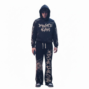 Gothic Spider Print <b>Tracksuit</b> Set Black Vintage Washed Hoodie Wide Leg Pants Streetwear Outfit - Product Image 6